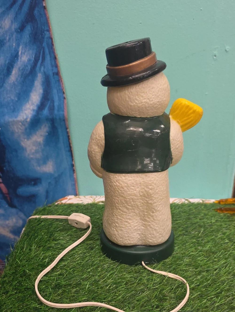 Vintage Snowman Light Up Blow Mold with Red Mittens and Yellow Broom